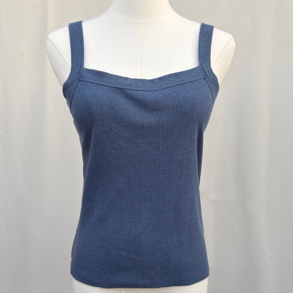 American Eagle Blue Ribbed Tank Top Square Neck Fitted Stretch Basic Size M